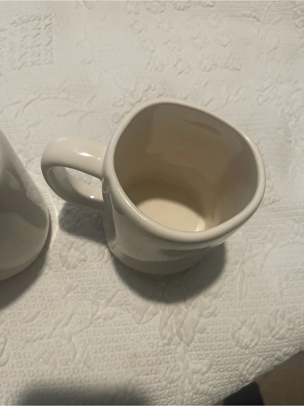 Rae Dunn White Ceramic Mug Set with Black Stamp His&Hers in red almost 5” High